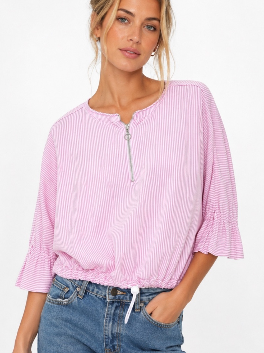 Zara•Zip Pink & White Striped Crop top size M retro Lagenlook boxy barbie chic